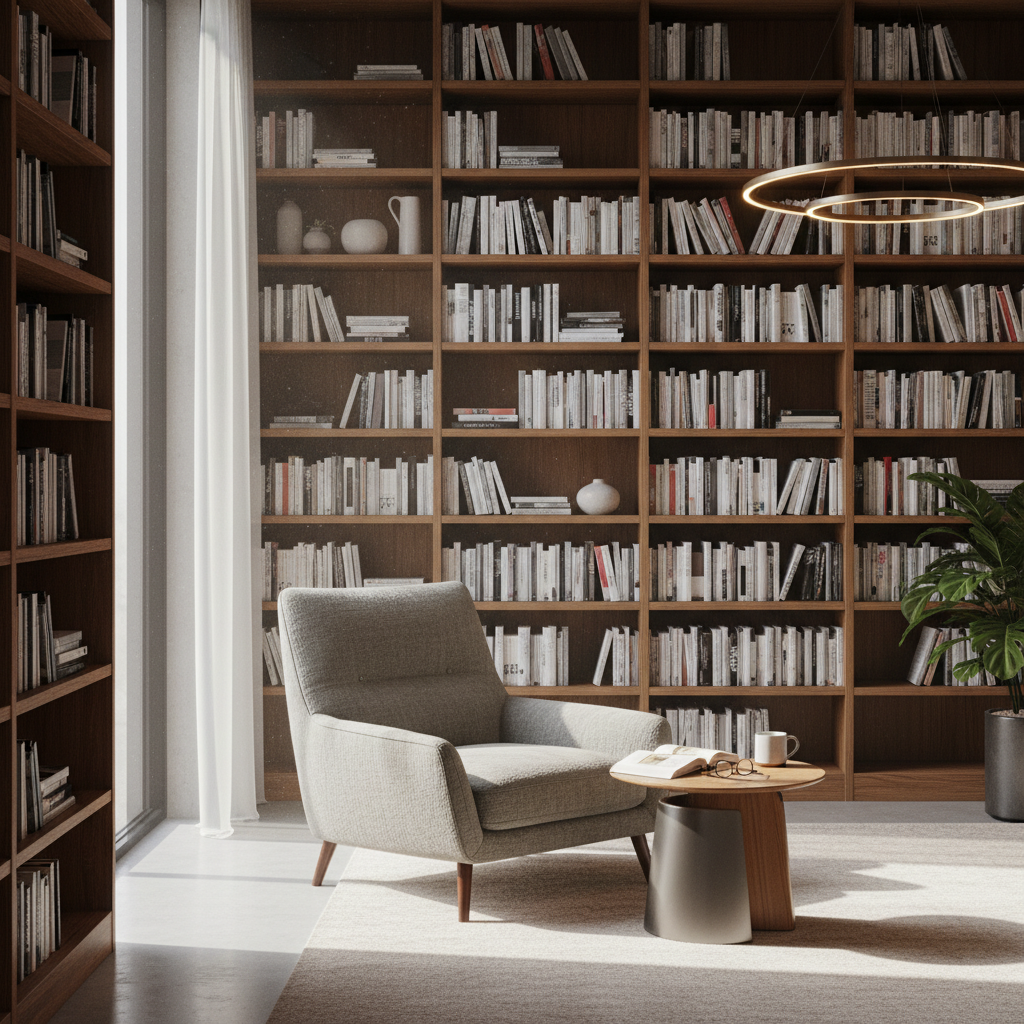 Espace de lecture contemporain avec des étagères de livres, une lumière naturelle douce filtrant par une fenêtre, évoquant un environnement intellectuel propice à l'exploration des connaissances