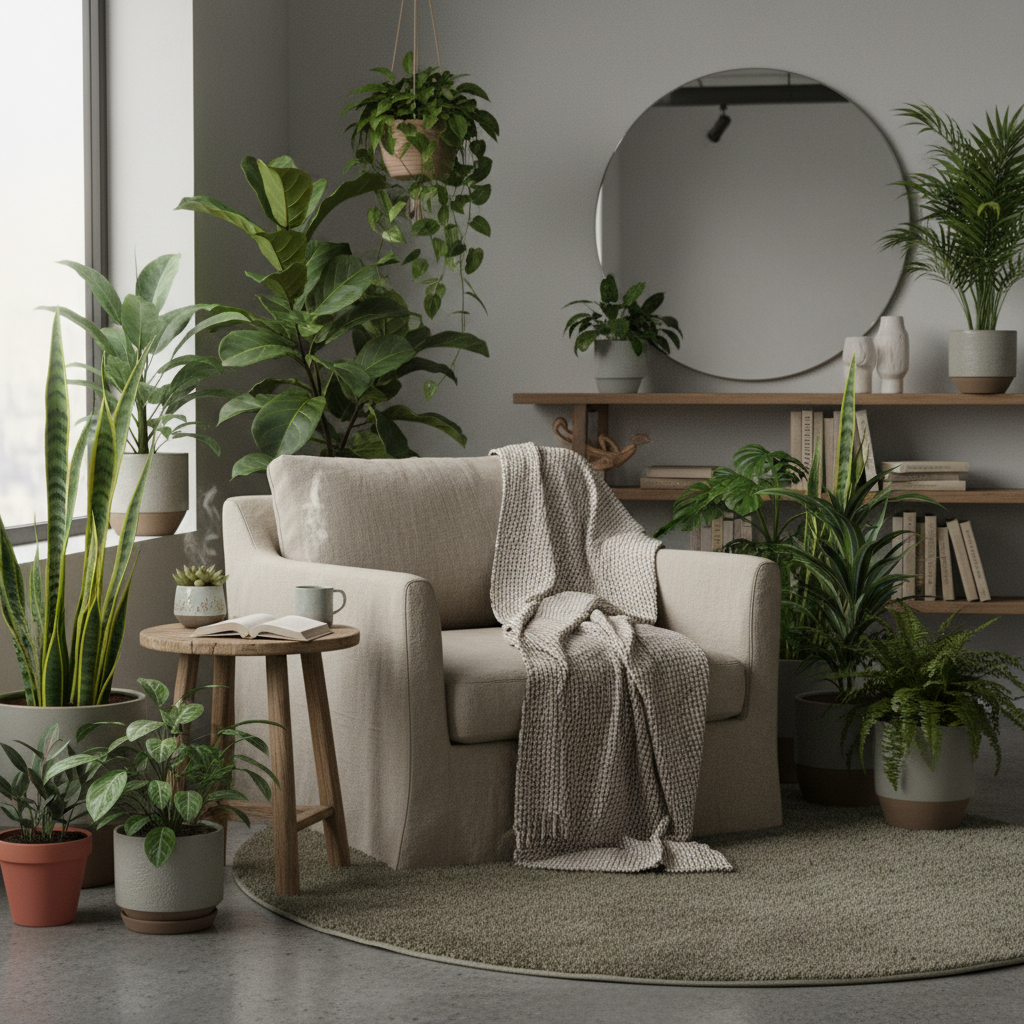 Composition sereine représentant un espace de lecture et de contemplation avec des plantes vertes, évoquant l'équilibre et la clarté intellectuelle