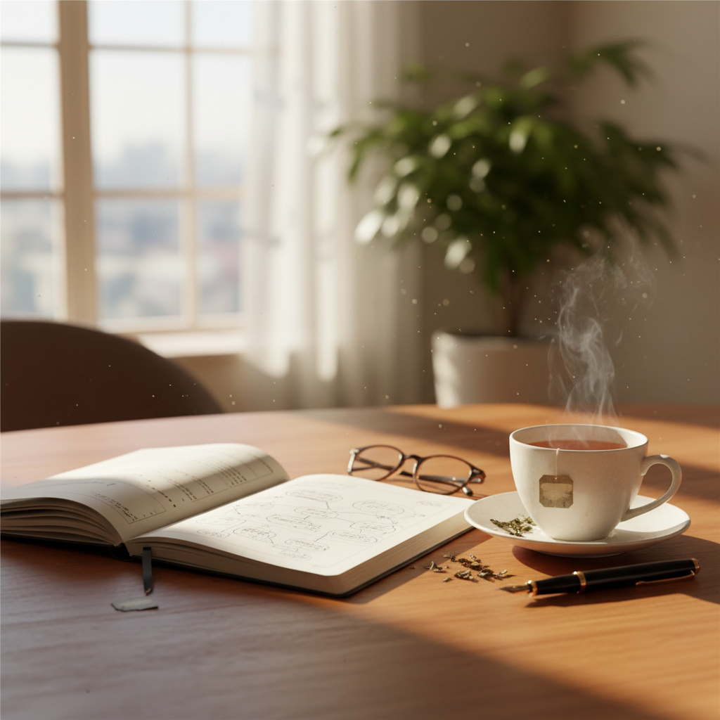 Carnet de notes ouvert sur une table en bois avec une tasse de thé, illustrant une routine matinale de réflexion et de planification personnelle consciente