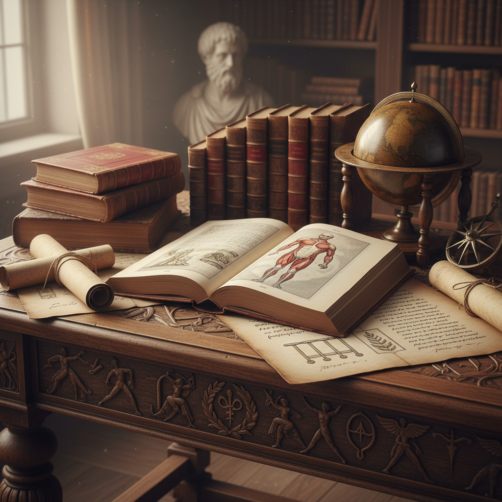 Livres anciens et parchemins disposés sur une table en bois sculpté, évoquant la sagesse historique et les traditions intellectuelles liées à la culture physique et à la santé