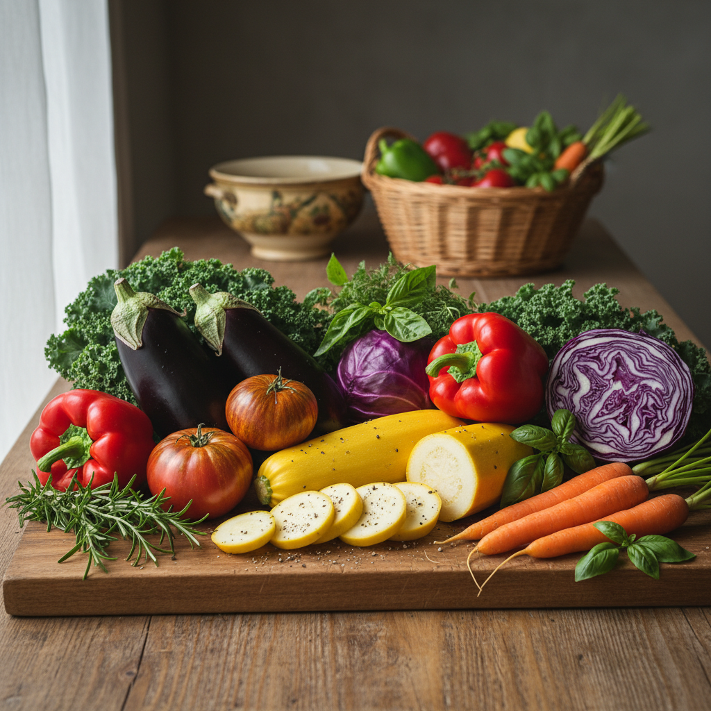 Composition artistique de légumes frais et colorés sur une surface en bois naturel, illustrant la diversité d'une alimentation végétale équilibrée