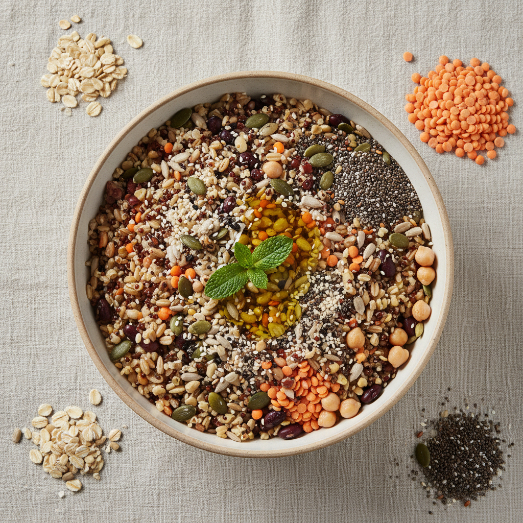 Bol de céréales complètes, légumineuses et graines disposés avec soin sur un fond neutre clair, représentant des sources d'énergie naturelle
